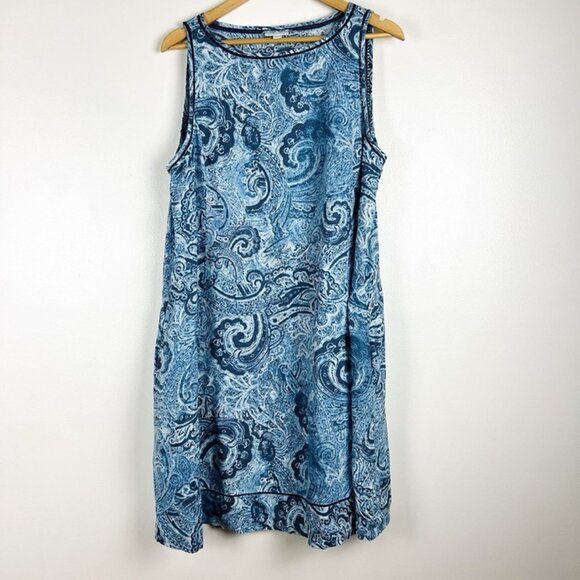 J Jill Love Linen Womens Sz L Batik Blue Floral Linen Sleeveless Shift Dress - Picture 1 of 8